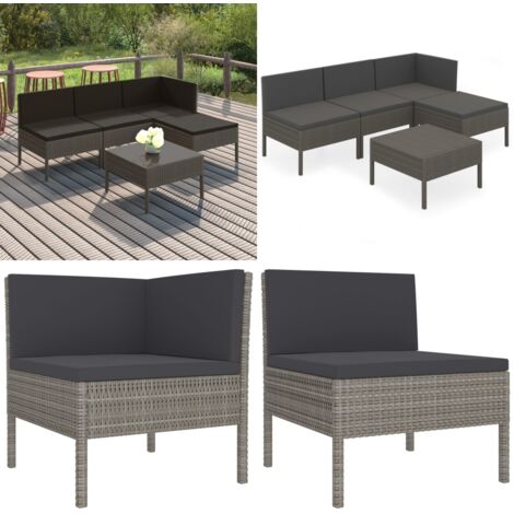 Set de muebles de jardín 5 pzas y cojines ratán sintético gris - Muebles de jardín - Tumbonas