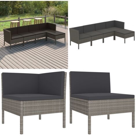 Set de muebles de jardín 5 pzas y cojines ratán sintético gris - Muebles de jardín - Tumbonas de jardín