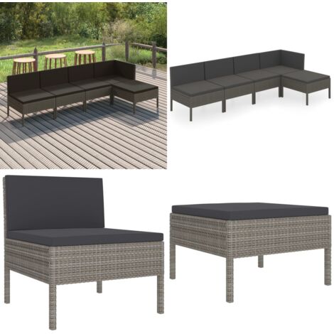 Set de muebles de jardín 5 pzas y cojines ratán sintético gris - Muebles de jardín - Tumbonas de jardín