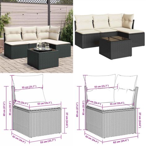 Set de muebles de jardín 5 pzas y cojines ratán sintético negro - Sofás de jardín - Cojines para jardín