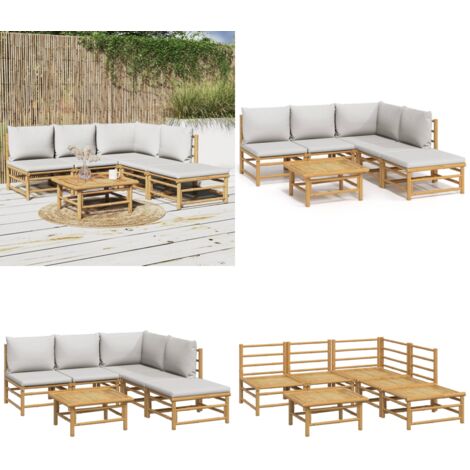 Set de muebles de jardín 6 piezas bambú con cojines gris claro - Muebles de exterior - Sofás de jardín