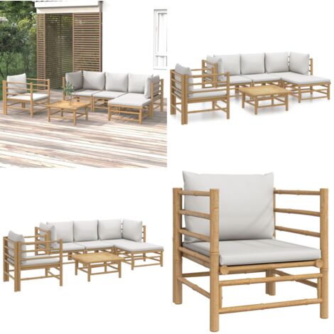 Set de muebles de jardín 6 piezas bambú con cojines gris claro - Muebles de exterior - Sofás de jardín