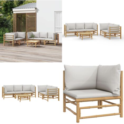Set de muebles de jardín 6 piezas bambú con cojines gris claro - Muebles de exterior - Sofás de jardín