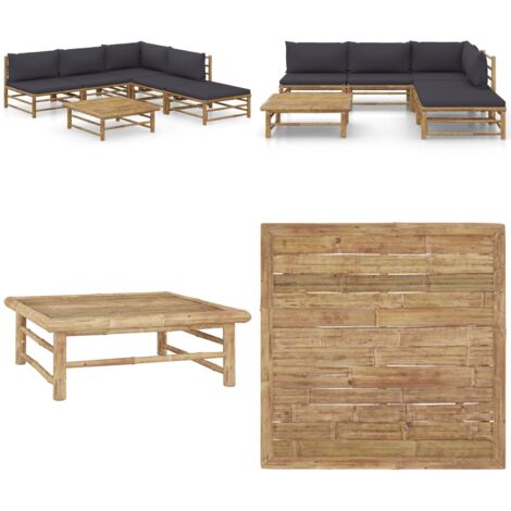 Set de muebles de jardín 6 piezas bambú con cojines gris oscuro - Cojines de bambú - Tumbonas de exterior