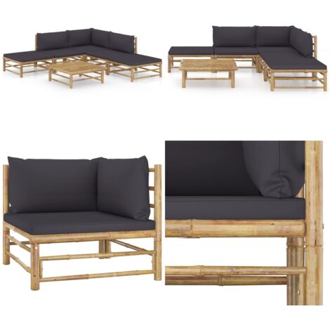 Set de muebles de jardín 6 piezas bambú con cojines gris oscuro - Cojines para sofá - Sofá de jardín