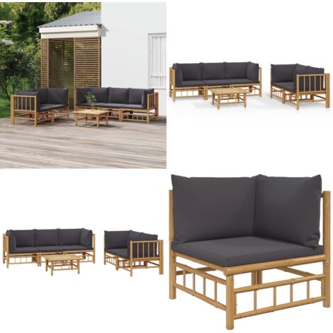 Set de muebles de jardín 6 piezas bambú con cojines gris oscuro - Muebles de exterior - Sofás de jardín