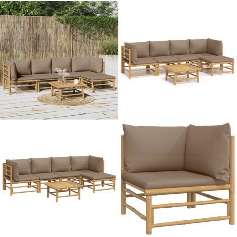 Set de muebles de jardín 6 piezas bambú con cojines gris taupé - Muebles de exterior - Sofás de jardín