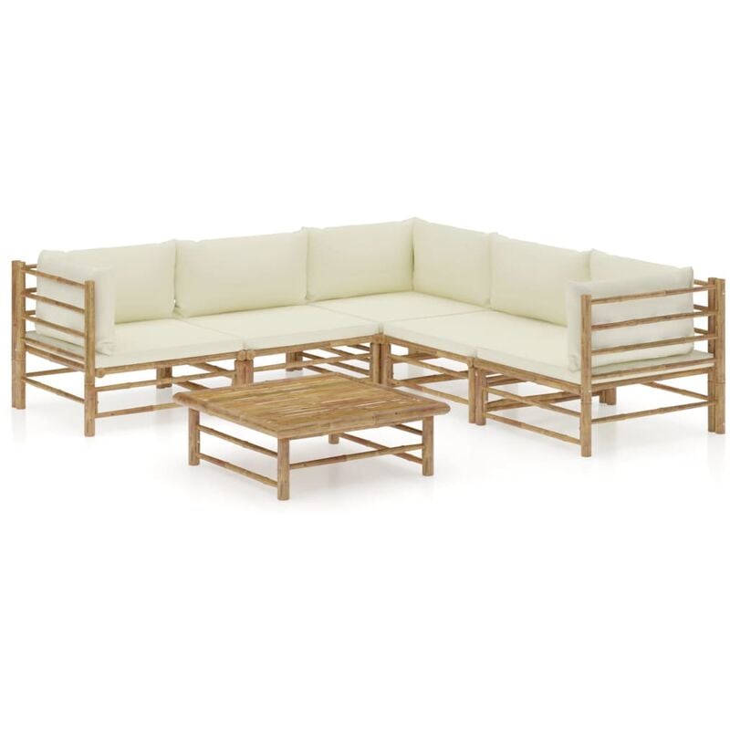 

Set de muebles de jardín 6 piezas bambú y cojines blanco crema