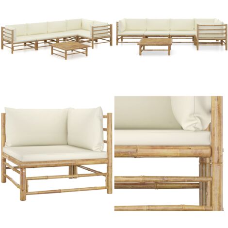 Set de muebles de jardín 6 piezas bambú y cojines blanco crema - Cojines de jardín - Sofás de jardín