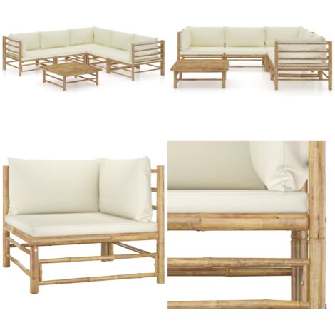 Set de muebles de jardín 6 piezas bambú y cojines blanco crema - Cojines de jardín - Sofás de jardín