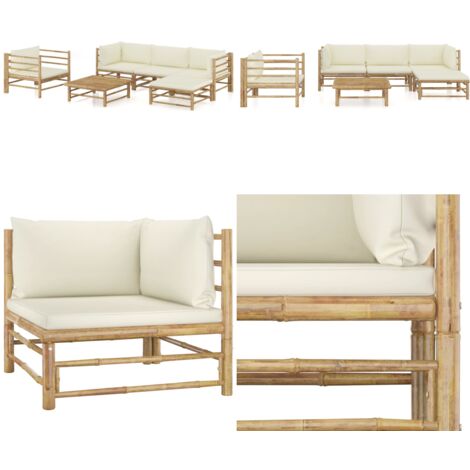 Set de muebles de jardín 6 piezas bambú y cojines blanco crema - Cojines de jardín - Tumbonas de exterior