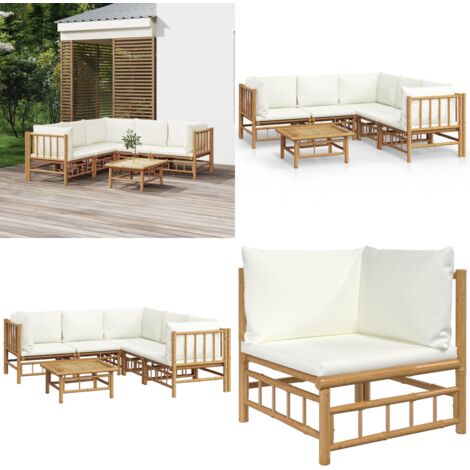 Set de muebles de jardín 6 piezas bambú y cojines blanco crema - Muebles de exterior - Sofás de jardín