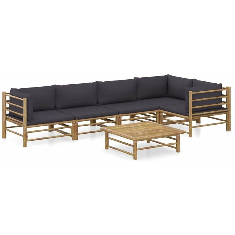 

Happyshopping - Set de muebles de jardin 6 piezas bambu y cojines gris oscuro