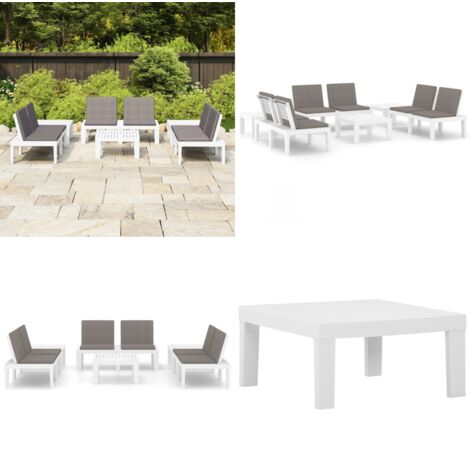 Set de muebles de jardín 6 piezas con cojines plástico blanco - Banco de jardín - Mesa de jardín
