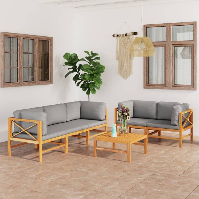 

Set de muebles de jardín 6 pzas madera de teca y cojines gris