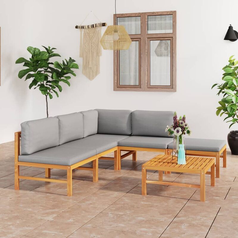 

Set de muebles de jardín 6 pzas madera de teca y cojines gris