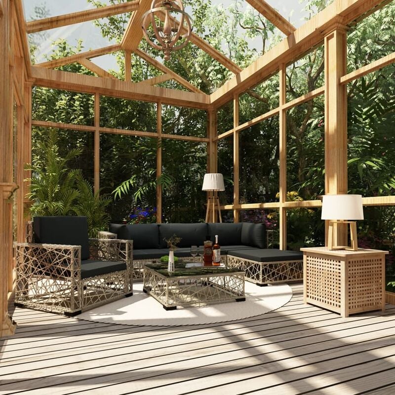 

Set de muebles de jardín 6 pzas y cojines ratán sintético gris