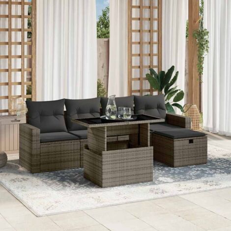 Set de muebles de jardín 6 pzas y cojines ratán sintético gris