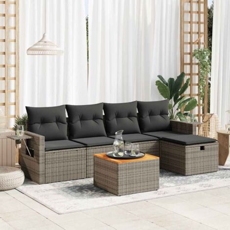 Set de muebles de jardín 6 pzas y cojines ratán sintético gris
