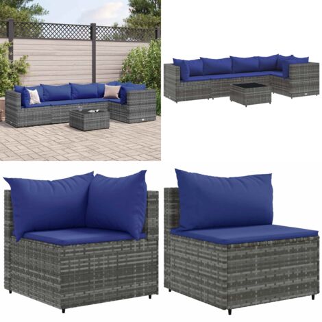 Set de muebles de jardín 6 pzas y cojines ratán sintético gris - Muebles de jardín - Cojines para sofás