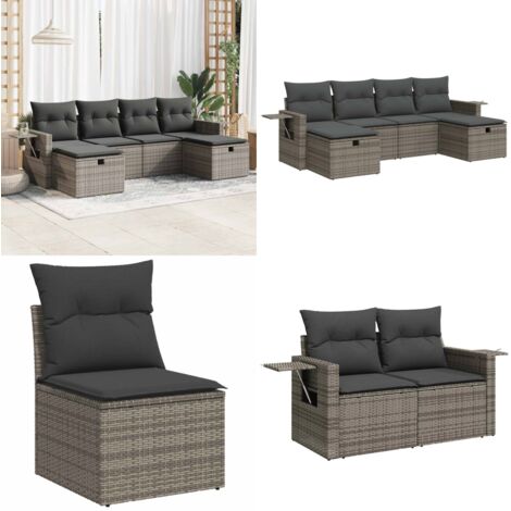 Set de muebles de jardín 6 pzas y cojines ratán sintético gris - Muebles de jardín - Cojines sintéticos