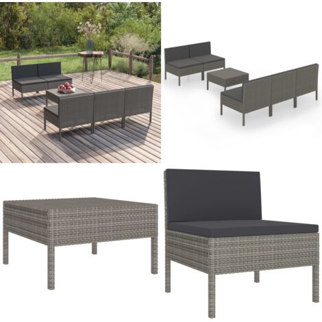 Set de muebles de jardín 6 pzas y cojines ratán sintético gris - Muebles de jardín - Tumbonas