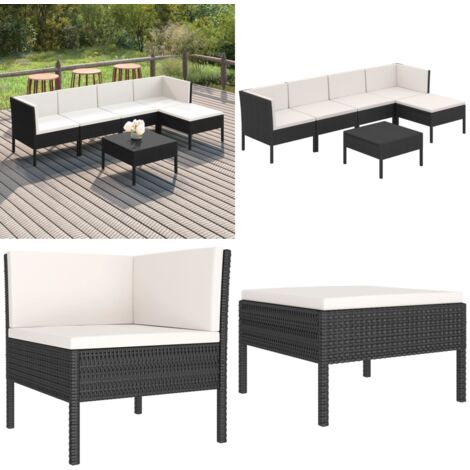 Set de muebles de jardín 6 pzas y cojines ratán sintético negro - Muebles de exterior - Tumbonas de jardín
