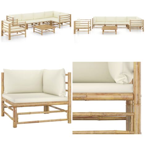 Set de muebles de jardín 7 piezas bambú y cojines blanco crema - Cojines de jardín - Sofás de jardín