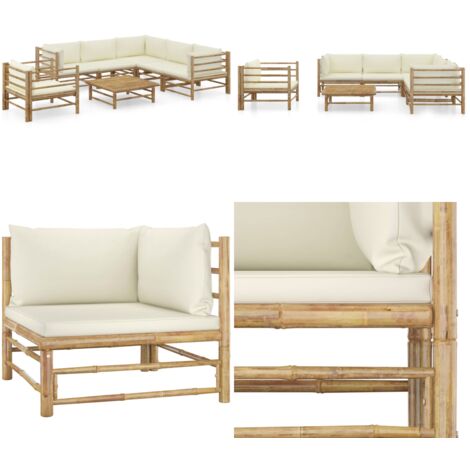 Set de muebles de jardín 7 piezas bambú y cojines blanco crema - Cojines de jardín - Sofás de jardín