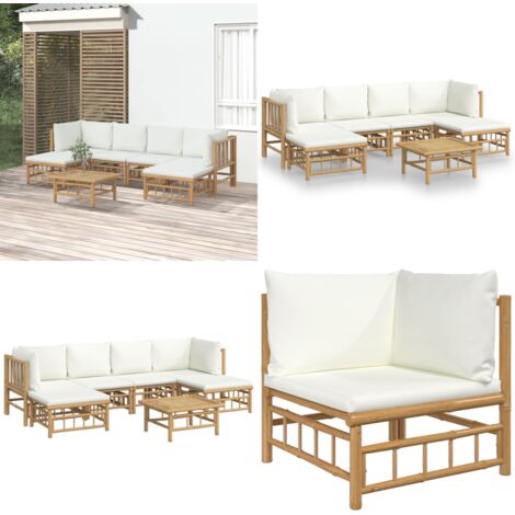 Set de muebles de jardín 7 piezas bambú y cojines blanco crema - Muebles de exterior - Sofás de jardín