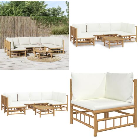 Set de muebles de jardín 7 piezas bambú y cojines blanco crema - Muebles de exterior - Sofás de jardín