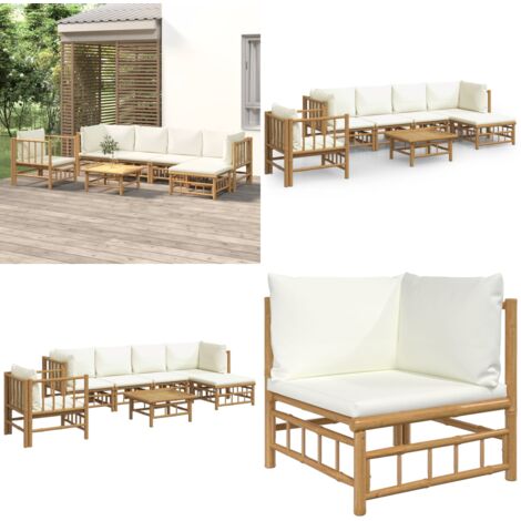 Set de muebles de jardín 7 piezas bambú y cojines blanco crema - Muebles de exterior - Sofás de jardín