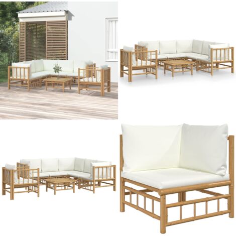 Set de muebles de jardín 7 piezas bambú y cojines blanco crema - Muebles de exterior - Sofás de jardín