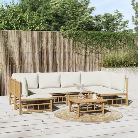 Set de muebles de jardín 7 piezas bambú y cojines crema
