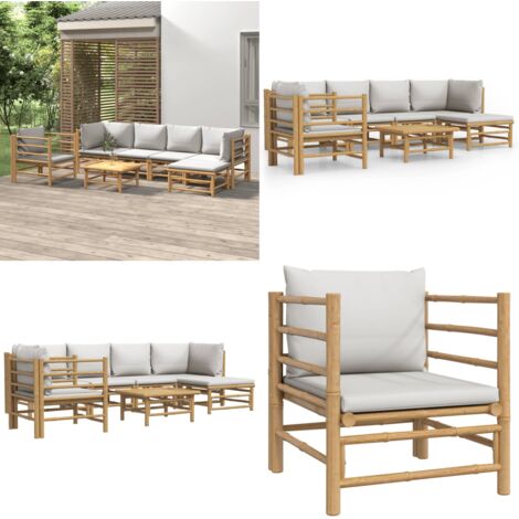 Set de muebles de jardín 7 piezas bambú y cojines gris claro - Muebles de exterior - Sofás de jardín