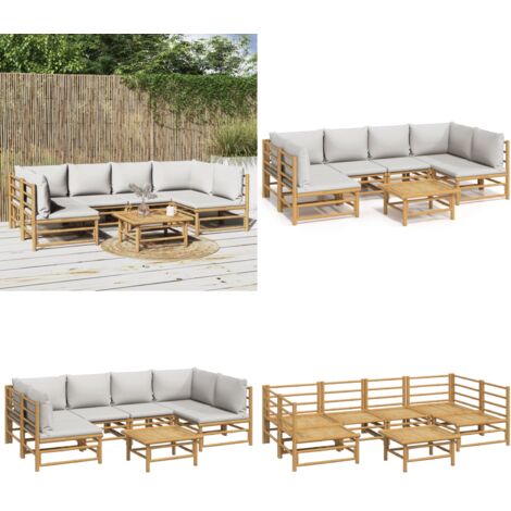 Set de muebles de jardín 7 piezas bambú y cojines gris claro - Muebles de exterior - Sofás de jardín