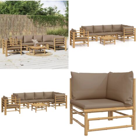 Set de muebles de jardín 7 piezas bambú y cojines gris taupe - Muebles de exterior - Sofás de jardín