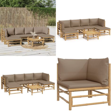 Set de muebles de jardín 7 piezas bambú y cojines gris taupe - Muebles de exterior - Sofás de jardín