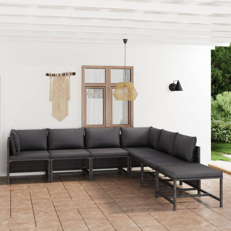 

Happyshopping - Set de muebles de jardin 7 pzas y cojines ratan sintetico gris