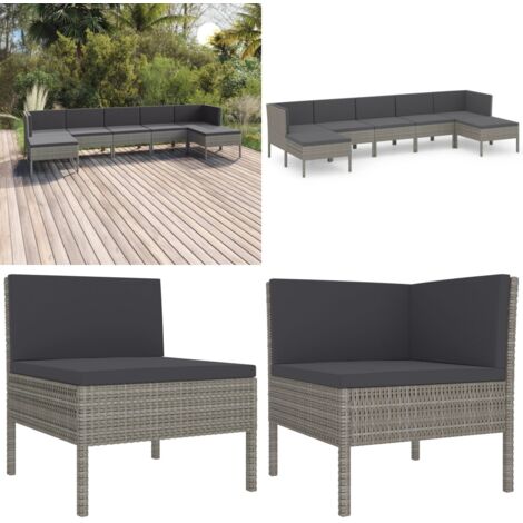 Set de muebles de jardín 7 pzas y cojines ratán sintético gris - Muebles de jardín - Tumbonas de jardín