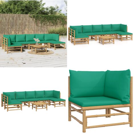 Set de muebles de jardín 8 piezas bambú con cojines verde - Muebles de exterior - Sofás de jardín