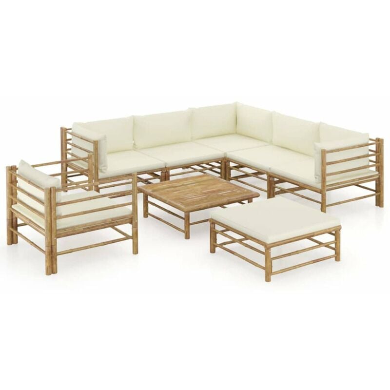 

Set de muebles de jardin 8 piezas bambu y cojines blanco crema
