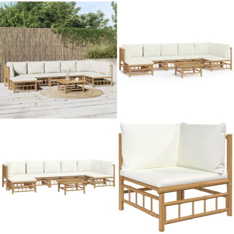 Set de muebles de jardín 8 piezas bambú y cojines blanco crema - Muebles de exterior - Sofás de jardín