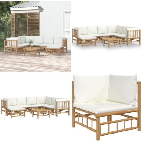 Set de muebles de jardín 8 piezas bambú y cojines blanco crema - Muebles de exterior - Sofás de jardín
