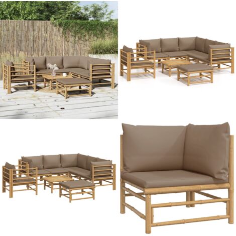 Set de muebles de jardín 8 piezas bambú y cojines gris taupé - Muebles de exterior - Sofás de jardín