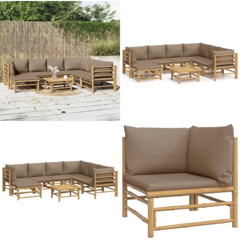 Set de muebles de jardín 8 piezas bambú y cojines gris taupé - Muebles de exterior - Sofás de jardín