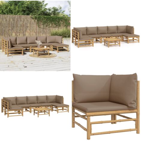 Set de muebles de jardín 8 piezas bambú y cojines gris taupé - Muebles de exterior - Sofás de jardín