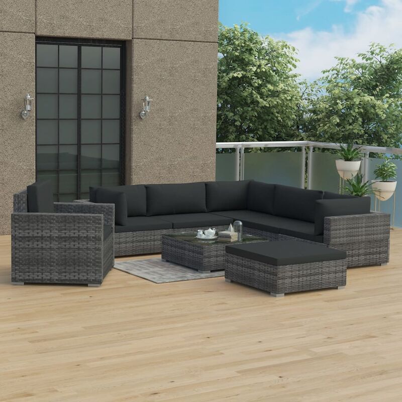 

Set de muebles de jardín 8 pzas y cojines ratán sintético gris