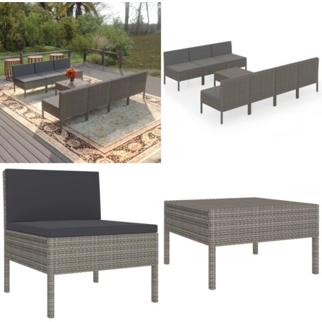 Set de muebles de jardín 8 pzas y cojines ratán sintético gris - Muebles de jardín - Tumbonas