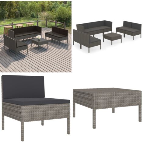 Set de muebles de jardín 8 pzas y cojines ratán sintético gris - Muebles de jardín - Tumbonas de jardín